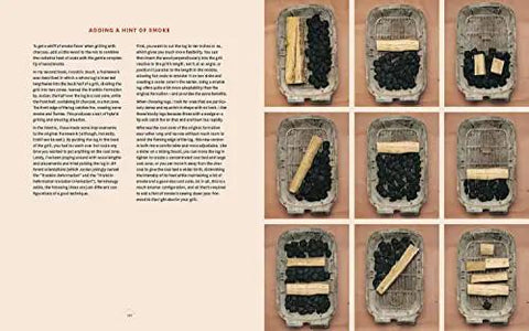 Texas Style Live Fire Grilling And Smoking At Home A Cookbook From The James Beard Award Winning Team Behind Franklin Smoke Wood Fire Food Packed With Pro Tips For Meats Veggies Fish And More, open page showing grilling instructions and wood arrangement on charcoal in trays.