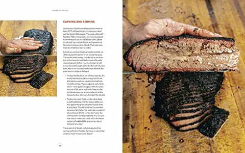 Open book showing barbecue meat slices with recipes from Texas Style Live Fire Grilling And Smoking At Home A Cookbook