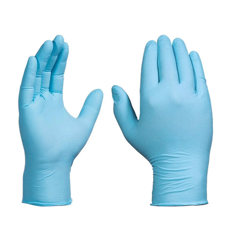 Textured Blue Nitrile Gloves 5 Mil Powder Free Food Safe Large Box Of 100, shown in close-up with textured grip details.