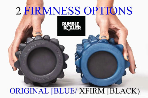 Two firmness options of Rumble Roller, textured foam rollers for deep tissue massage, showing blue and black midsize rollers for self-myofascial release.