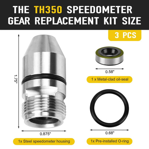 Bullet Speedometer Gear Sleeve Housing Kit for TH350 Transmission With O Ring and Metal Wrapped Seal 3 Piece Set features