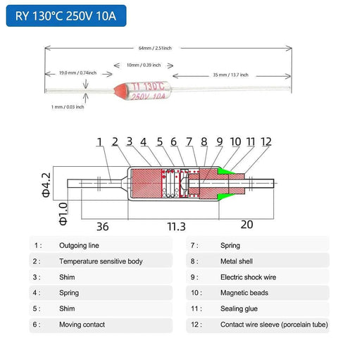 Diagram of Hot 185 Celsius Electric Pressure Cooker Thermal Fuses 3 Pack Replacement, including dimensions and components.
