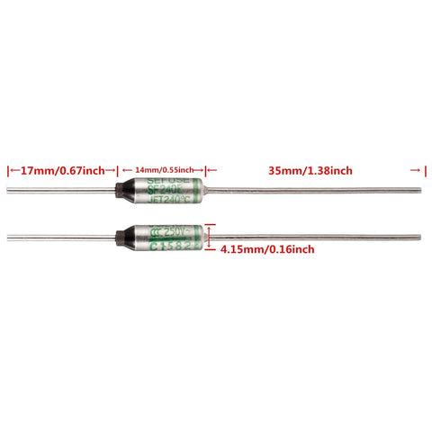 SF240E 10A 250V Thermal Fuses Pack of 10 240 Degrees Celsius Thermal Cutoffs for Electronics and Appliances dimensions shown