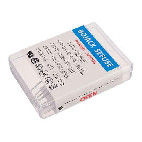Packaging of SF240E 10A 250V Thermal Fuses Pack of 10 240 Degrees Celsius Thermal Cutoffs for Electronics and Appliances