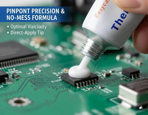 Applying Heavy Duty Silicone Thermal Glue For GPU VRM VRAM LED Heatsinks And IC Chips Non Conductive Permanent Bonding For MOSFET Transistors on a PCB.