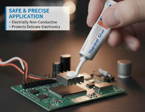 Applying Heavy Duty Silicone Thermal Glue For GPU VRM VRAM LED Heatsinks And IC Chips Non Conductive Permanent Bonding For MOSFET Transistors 3D Printer PCB TEC1 12706 RTV 4 Pack onto a circuit board heatsink.