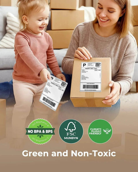 Woman and child with package using 4x6 Direct Thermal Shipping Labels 220 Sheets Per Stack Commercial Grade Permanent Adhesive