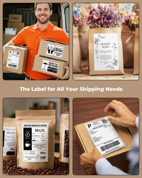 Collage showing 4x6 Direct Thermal Shipping Labels 220 Sheets Per Stack Commercial Grade Permanent Adhesive in various uses