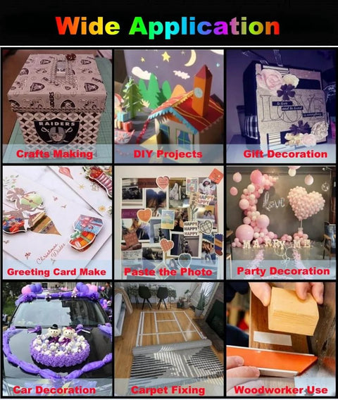 Collage of various DIY projects and crafts including gift boxes, party decorations, car decorations, and woodworking using double-sided tape.