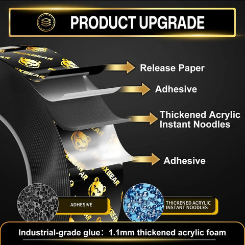 Close-up of heavy duty double sided tape for cars with thickened acrylic, 1.18 Inch by 16.4 Feet, showing layers and adhesive.