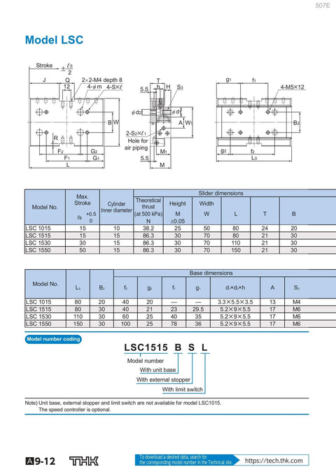 Technical diagram of THK Ball Sliding Slide LSC1015 L.S.C1015 for CNC axis motion, detailing model dimensions and specifications.