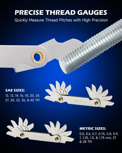 Close-up of precise thread gauges from All In One 87 Piece Tap And Die Set For SAE And Metric Threads with detailed size markings.