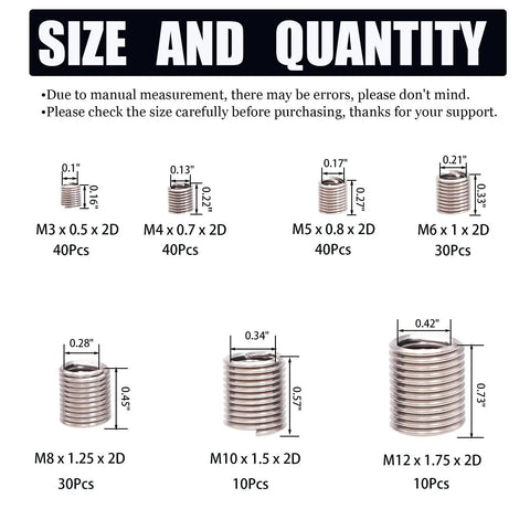 Pro Grade Wire Thread Inserts Kit In 304 Stainless Steel Assortment For Metric M3 Through M12 Sizes Helical Thread Repair Inserts chart