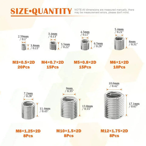 84 Piece 304 Stainless Steel Wire Thread Inserts Helicoil Type Screw Repair Sleeve Kit size chart for M3 to M12 sizes