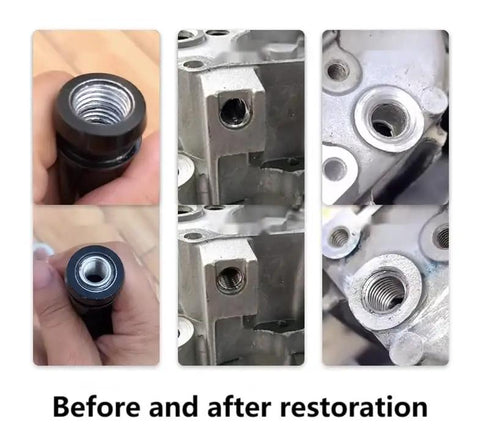 Before and after use of 10 Pack Stainless Steel Self Tapping Thread Inserts With Female M6x1.0mm And Male M8x1.25mm Threads, 10mm Long.