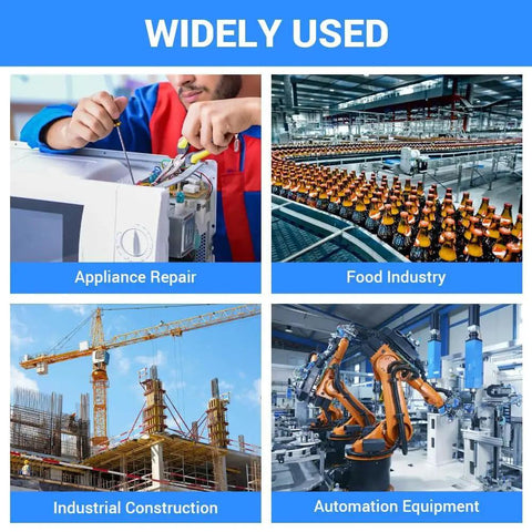 Collage showing diverse uses: appliance repair, food industry conveyor, construction site with crane, automation equipment.