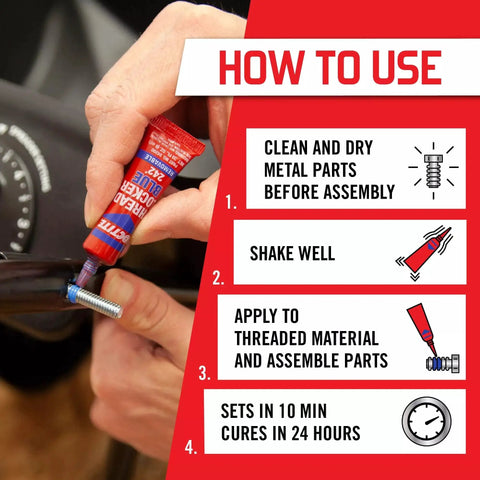 Image showing instructions on using Removable Thread Locker Blue 242 for Nuts Bolts and Fasteners Medium Strength Prevents Loosening and Corrosion 6 ml 1 Pack. A hand applying the threadlocker to a bolt with steps: clean parts, shake well, apply, and set time.