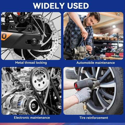 Four automotive maintenance images, showing activities suited for Blue And Red Thread Locker Kit, Medium And High Strength Thread Lock.