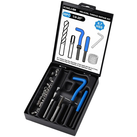 30 Piece SAE Thread Repair Insert Kit For Damaged Threads 1/4-20 Inch Helicoil Set with HSS Drill Bits, taps, and tools in open case