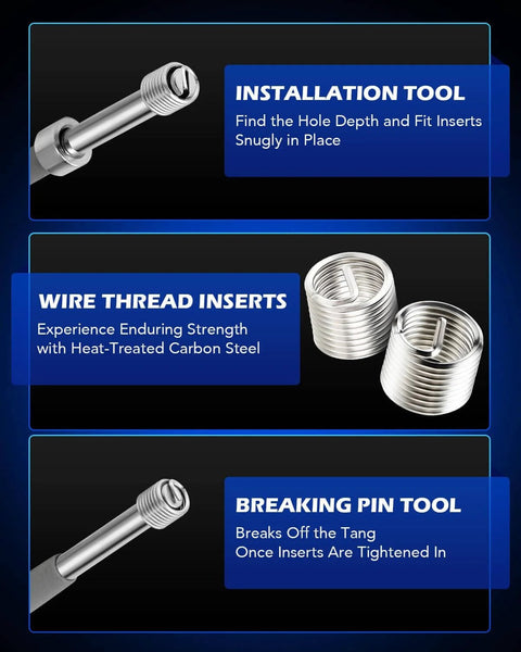 Thread Repair Kit, Metric Helicoil Repair Kit with HSS Drill Bits Thread Inserts Taps Breakoff Installation Tools, image of tool components