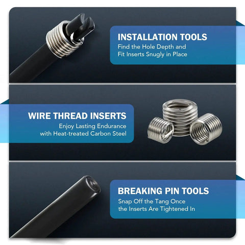 Installation tools, wire thread inserts, and breaking pin tools from Pro Grade All In One Thread Repair Kit with Helicoil Inserts for SAE and Metric.