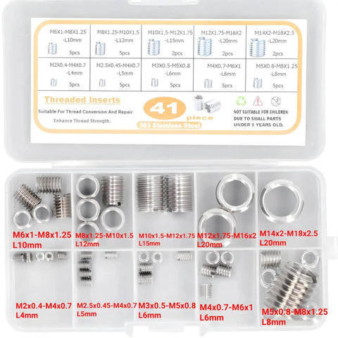 Open storage box showing 41-piece Thread Repair Kit 41 Piece Insert Assortment For M2 Through M14 Stainless Steel Thread Inserts.