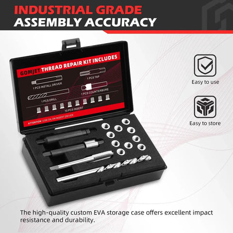 Garage-Grade 1/4-20 Inch Thread Repair Kit with 0.380 Inch Stainless Steel Inserts, counterbore, drill, tap, driver, and 10 inserts.