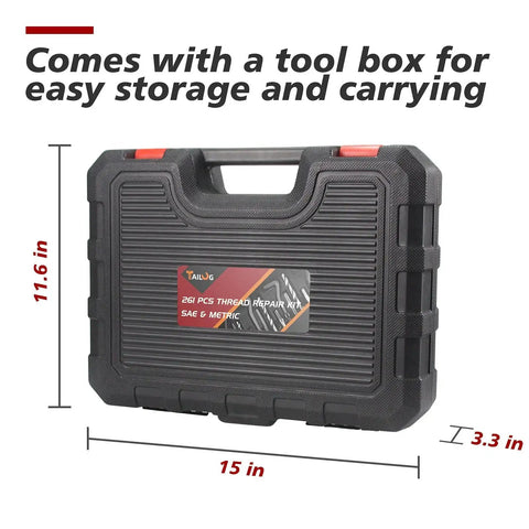 Heavy Duty Thread Repair Kit For Automotive And Plumbing, 261 Piece HSS Drill Helicoil Set with tool box for storage and carrying.