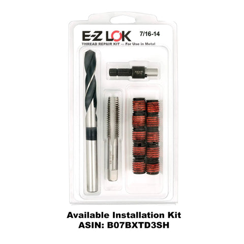 Thread repair kit with drill bit and red inserts for metal by E-Z LOK, displayed in packaging for 7/16-14 threads.