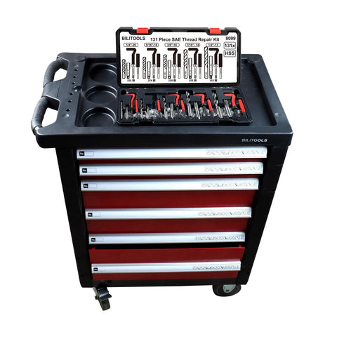 Helicoil Thread Repair Kit SAE 131-Piece HSS Drill And Insert Set in tool cart with labeled compartments