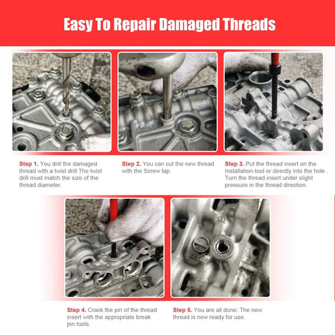 Five-step guide to using Helicoil Thread Repair Kit SAE 131-Piece HSS Drill And Insert Set on a metal automotive component.