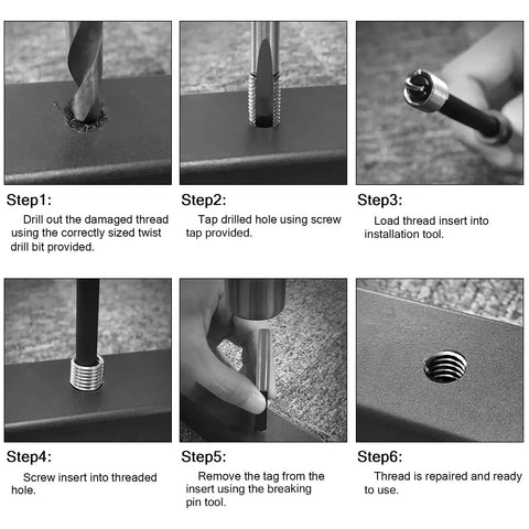 Step-by-step guide using the Heavy Duty Thread Repair Kit For Automotive And Plumbing, 261 Piece HSS Drill Helicoil Set with tools.