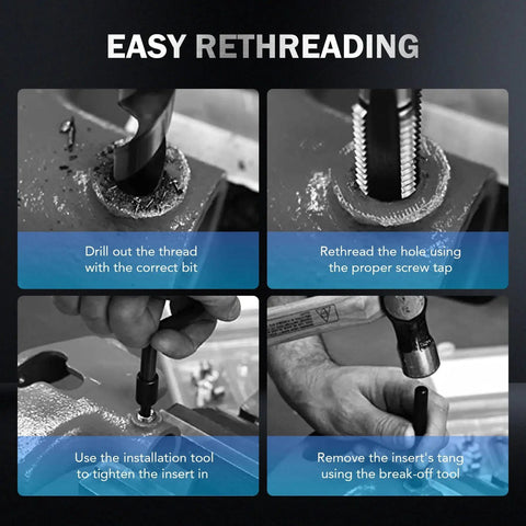 Pro Grade All In One Thread Repair Kit With Helicoil Inserts For SAE And Metric Rethreading process steps shown in use