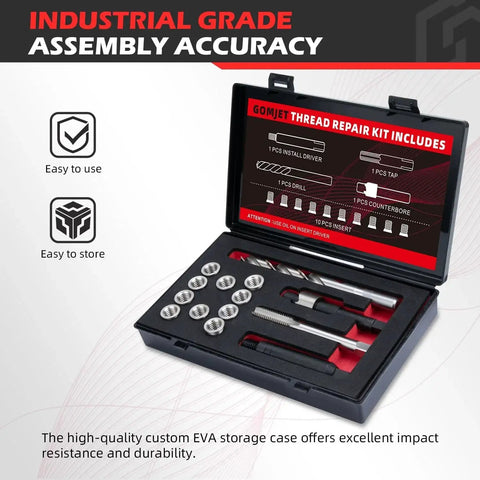Open GOMJET thread repair kit with tools including driver, tap, drill, counterbore, and 10 stainless inserts; labeled tray display.