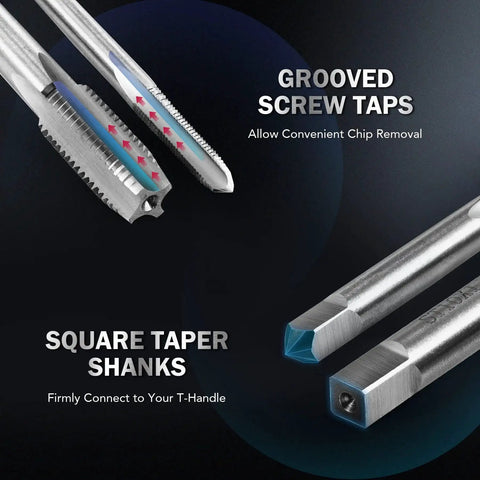Close-up of Pro Grade All In One Thread Repair Kit With Helicoil Inserts showing grooved screw taps and square taper shanks for SAE and metric rethreading.