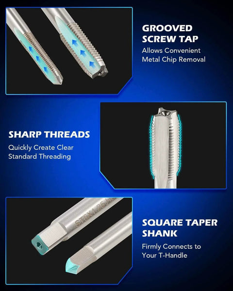 Thread Repair Kit, Metric Helicoil Repair Kit with HSS Drill Bits Thread Inserts Taps Breakoff Installation Tools, close-up of grooved screw tap, sharp threads, and square taper shank.
