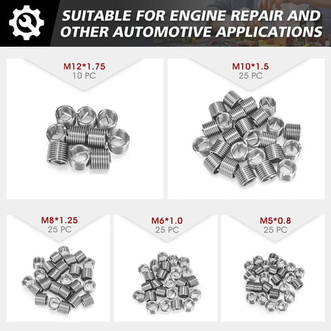 Heavy Duty Thread Repair Kit For Automotive And Plumbing, 261 Piece HSS Drill Helicoil Set with threaded inserts M12 M10 M8 M6 M5