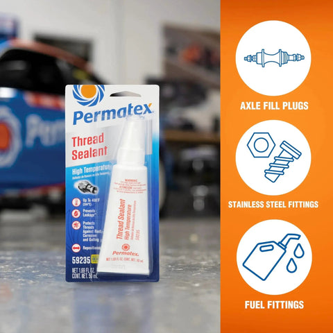 Workhorse High Temperature Thread Sealant For Automotive And Industrial Fittings Permatex 50 Ml Tube displayed with fitting icons