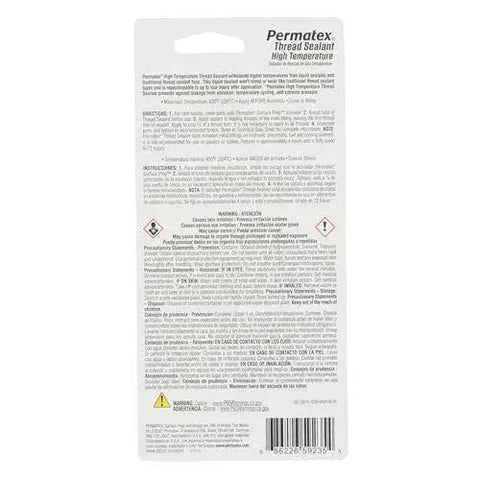 Back view of Workhorse High Temperature Thread Sealant For Automotive And Industrial Fittings Permatex 50 ml tube packaging