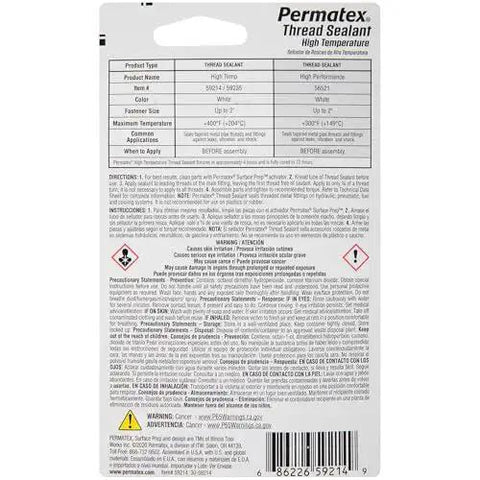 Back view of Permatex 59214 High Temperature Thread Sealant package with product details and instructions.