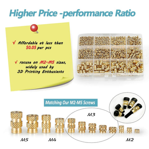 520Pcs M2 M3 M4 M5 Threaded Inserts Assortment Kit for 3D Printing Components, featuring metric brass knurled nuts with a focus on M2-M5 sizes.