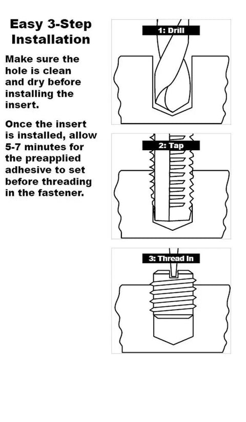Installation steps for Heavy Duty Self-Locking Metal Threaded Inserts 12L14 Carbon Steel 7/16-14 Internal Threads 5/8-11 External Threads
