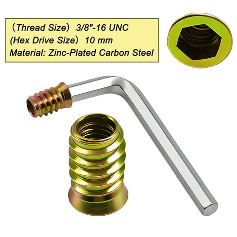 50 Pack 3/8-16 By 25mm Threaded Inserts For Wood Furniture In Zinc Plated Carbon Steel With Hex Drive Includes 13mm Drill Bit And Wrench