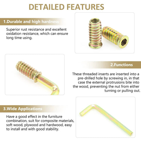 One Quarter Inch Twenty Threaded Inserts For Wood Furniture 31 Piece Set showing zinc plated carbon steel nut inserts and hex wrench.