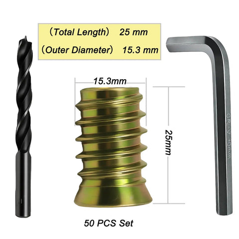 50 Pack 3/8-16 By 25mm Threaded Inserts For Wood Furniture In Zinc Plated Carbon Steel With Hex Drive Includes 13mm Drill Bit And Wrench