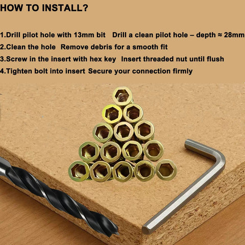 50 Pack 3/8-16 By 25mm Threaded Inserts For Wood Furniture In Zinc Plated Carbon Steel With Hex Drive Includes 13mm Drill Bit And Wrench