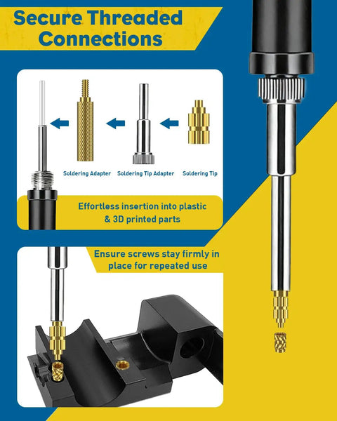 451-Piece Heat Set Threaded Inserts Kit For Plastic M2 Through M6 With Soldering Tip And Adapter, installation illustrations