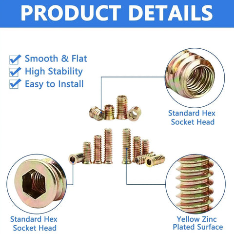 170 Piece Threaded Inserts Kit With 10 Sizes 1/4-20, 5/16-18, 3/8-16 for Wood and Furniture Repairs, hex socket head details