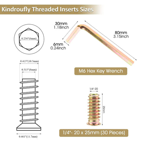 Diagram showing dimensions of One Quarter Inch Twenty Threaded Inserts For Wood Furniture 31 Piece Set Zinc Plated Carbon Steel Nut Inserts with Hex Wrench 25mm Length Compatible With Standard One Quarter Inch Twenty Screws Bolts For Woodworking And Furniture Repair.