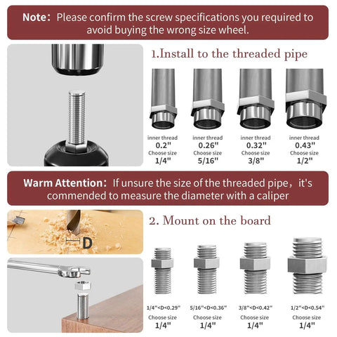 Instructions for installing caster wheels with various thread sizes on pipes and boards, showing measurements and installation steps.